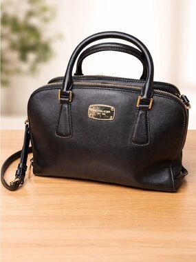 Michael Kors Black Pebbled Leather Satchel with Gold Hardware